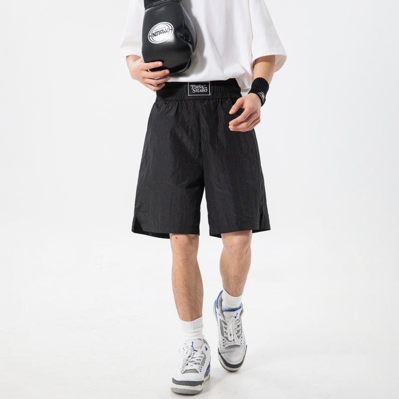 ハーフパンツ メンズ スポーツカジュアル 幅広ウエスト ドローストリング メタリック光沢 クリンクル加..