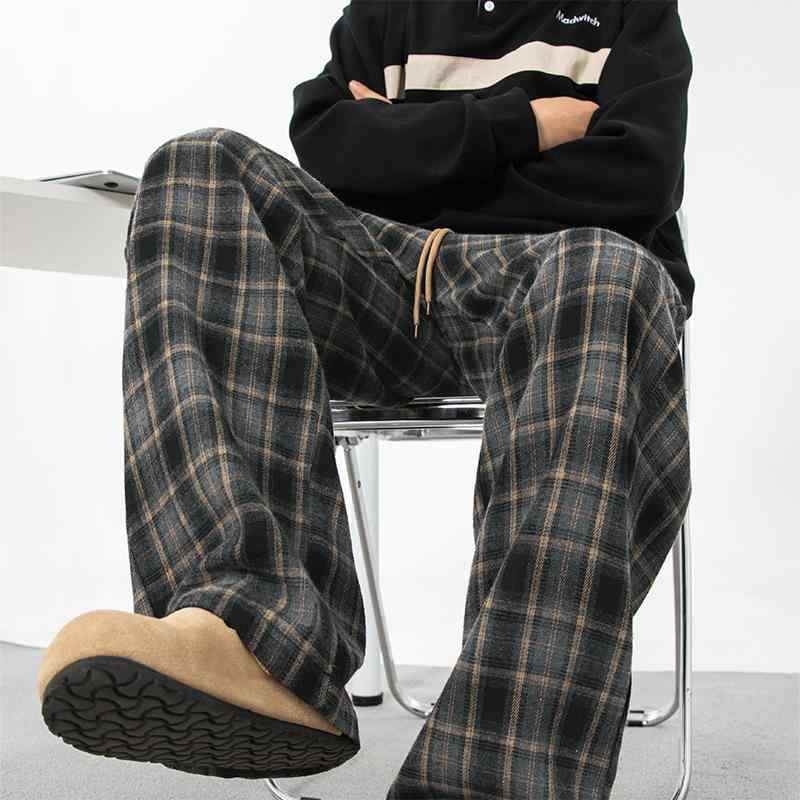 カジュアルパンツ メンズ アメカジ アメリカンレトロ 起毛 チェック柄 グレンチェック ロングパンツ 長ズボン 英語刺繍 ゆったり ルーズフィット ストレート ポリエステル コットンブレンド 普段使い ストリート タウンユース 黒 ブラウン 春夏