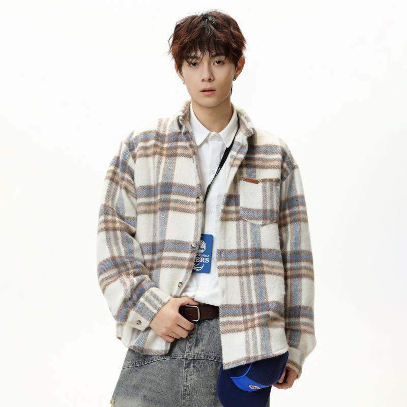 シャツ メンズ バイカラーチェック柄 ウールライク ヘビーウェイト 長袖 レギュラーカラー オーバーサイズ レトロ ルーズフィット 秋冬 羽織り カジュアル