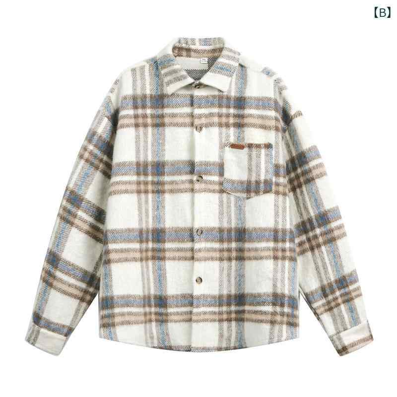 シャツ メンズ バイカラーチェック柄 ウールライク ヘビーウェイト 長袖 レギュラーカラー オーバーサイズ レトロ ルーズフィット 秋冬 羽織り カジュアル