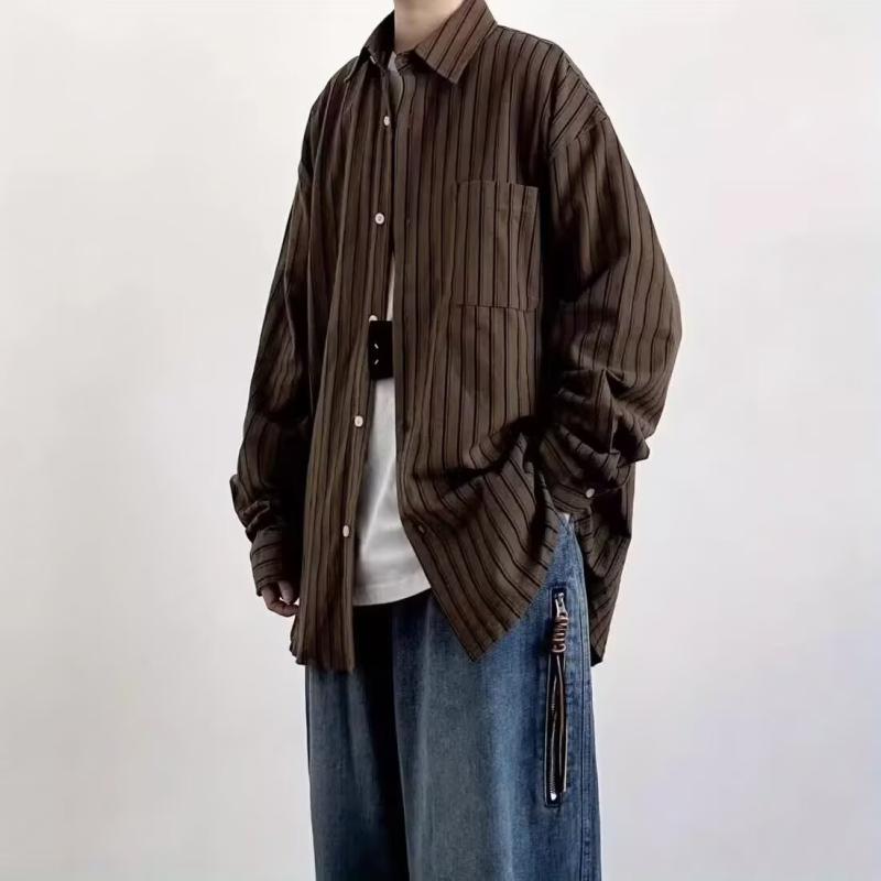 シャツ メンズ 春秋 レトロ アメカジ 香港ストリート ゆったり ストライプ 長袖 襟付き ポリエステル カジュアル 普段使い ブラウン カーキ ライトアウター トップス(4)