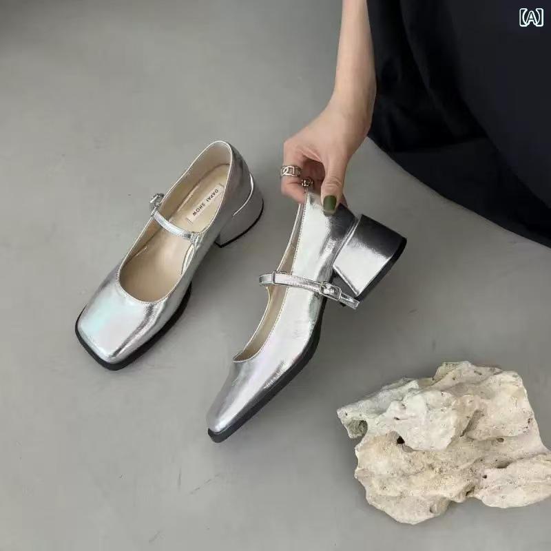 ローファー レディース メリージェーン PUレザー チャンキーヒール スクエアトゥ バックル付き ブラック エナメル ブリティッシュスタイル 普段使い