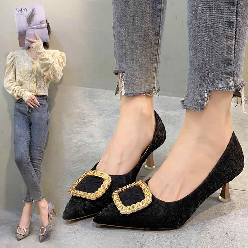 パンプス レディース ポインテッドトゥ 細ヒール エレガント スクエアバックル 浅口 プリーツ加工 きれいめ オフィス デイリー PUレザー