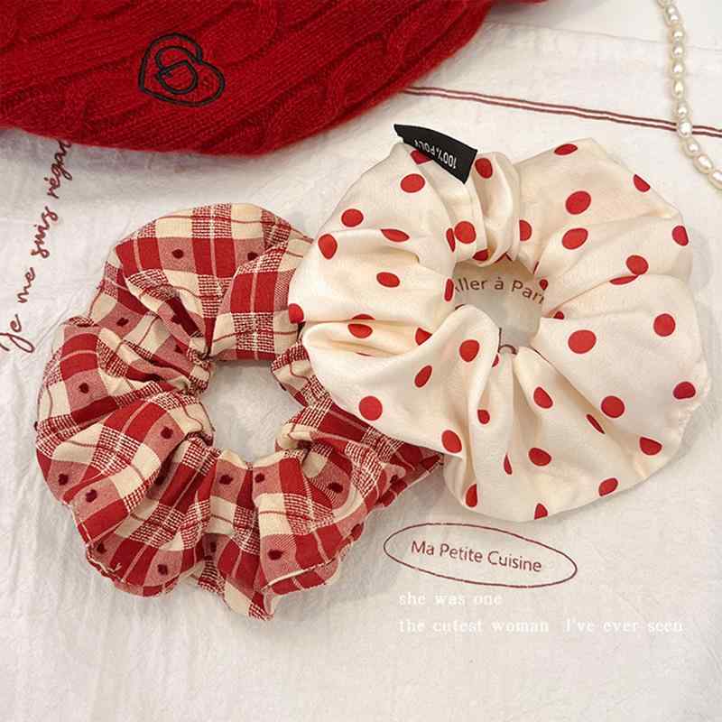 シュシュ レディース レトロ チェック柄 水玉 ドット柄 赤 レッド ヘアゴム 髪飾り お団子 ポニーテー..