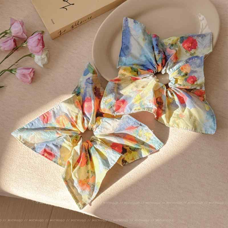 シュシュ レディース 女性用 レトロ 油絵風 花柄 スカーフ付き リボン ボリューム 大きめ 髪に優しい ..