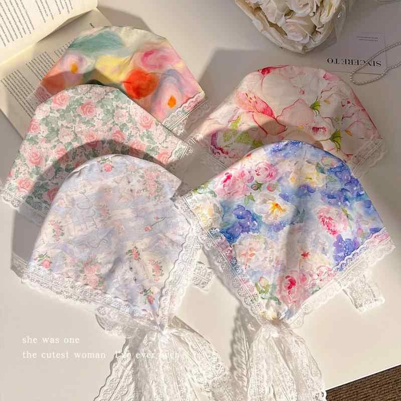 ヘアアクセサリー レディース 油絵風 レース リボン ヘッドスカーフ バンダナ カチューシャ 一体型 か..