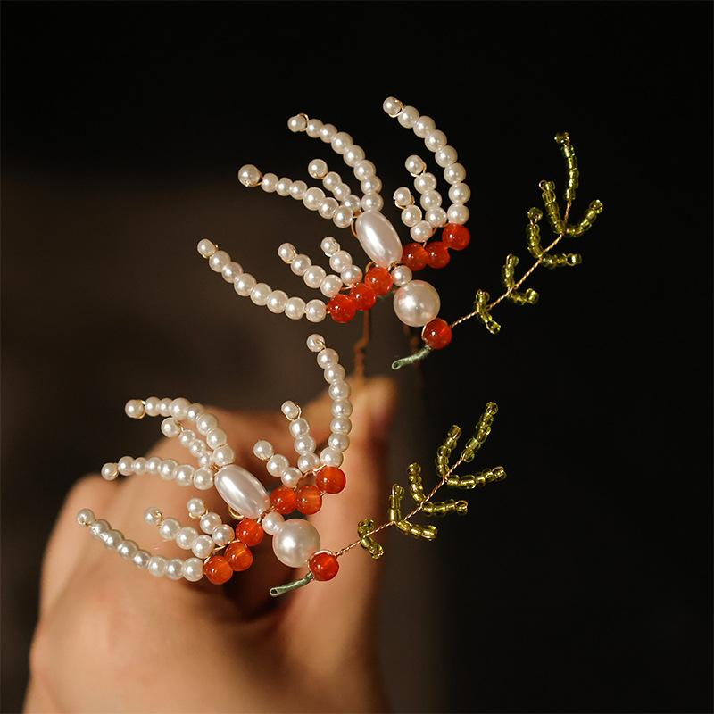 髪飾り レディース 女性用 漢服 和装小物 中国風 レトロ クラシカル 模造パール ハンドメイド ビーズ細工 U字型かんざし 小鳥 ツバメ モチーフ