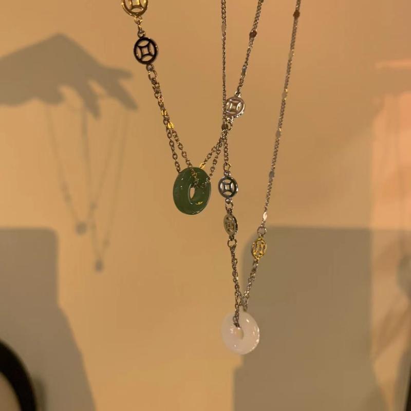 ネックレス レディース 玉石 平安のお守りペンダント 丸型 ヒーリングストーン 個性派 ショートネックレス チョーカー 水波チェーン 電気メッキ加工 グリーン ホワイト(4)