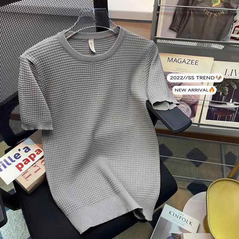 Tシャツ メンズ 男性用 ワッフル ニット 半袖 麻混 無地 スリムフィット シンプル 接触冷感 トップス カットソー ラウンドネック デイリーユース カジュアル 春夏 白 黒 グレー 緑 カーキ