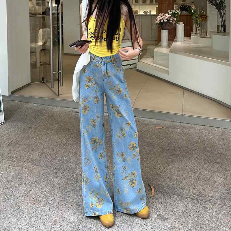 デニムパンツ レディース 春秋 レトロ プリント柄 ハイウエスト ゆったり ワイド ストレート フルレングス 細見え 着痩せ カジュアル 綿混 ブルー