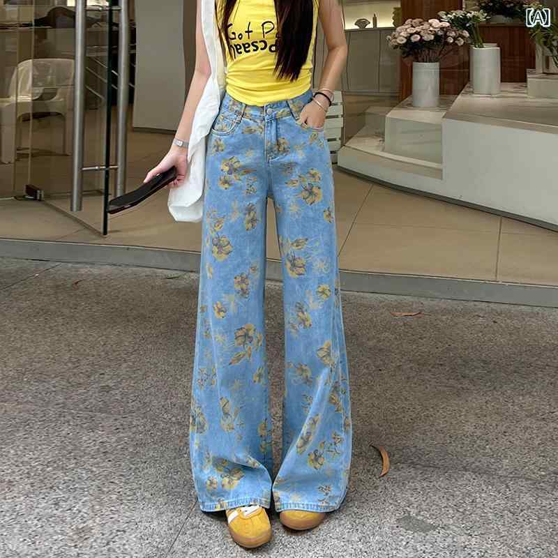 デニムパンツ レディース 春秋 レトロ プリント柄 ハイウエスト ゆったり ワイド ストレート フルレングス 細見え 着痩せ カジュアル 綿混 ブルー