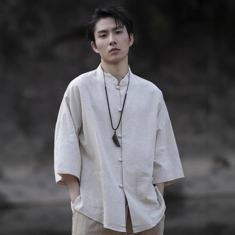 シャツ メンズ 男性用 若者向け 中国風 中山シャツ 七分袖 綿麻 リネン 薄手 カジュアル ノンアイロン ..