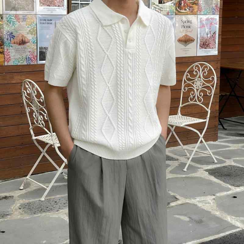 ポロシャツ メンズ 半袖 ニットトップス きれいめカジュアル 表面感 凹凸感 薄手 ゆったり リラックスフィット 襟付き 韓国 トレンド 夏 デイリーユース アクリル混