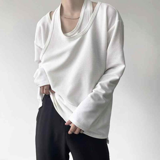 Tシャツ メンズ フェイクレイヤード 重ね着風 ベスト ミニマル スタイリッシュ 個性派 プルオーバー ニットトップス クルーネック オーバーサイズ 秋冬 トレンド 長袖 綿素材 カジュアル デイリーユース ホワイト ブラック Tシャツ メンズ フェイクレイヤード 重ね着風 ベスト ミニマル スタイリッシュ 個性派 プルオーバー ニットトップス クルーネック オーバーサイズ 秋冬 トレンド 長袖 綿素材 カジュアル デイリーユース ホワイト ブラック
