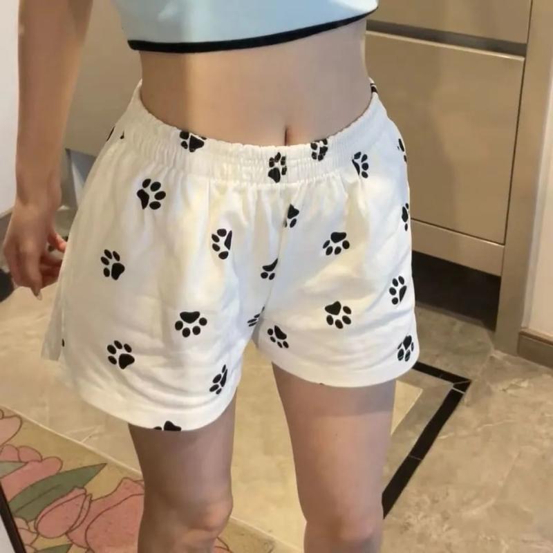 ショートパンツ レディース 犬足跡プリント ハイウエスト ワイドレッグ 細見え カジュアル 薄手 ポケット付き 微ストレッチ 接触冷感 涼しい ホワイト 春夏 ゆったり ポリエステル(4)