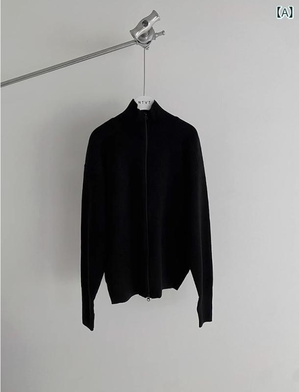 ニットカーディガン メンズ 秋冬 韓国 ゆったり ショート丈 長袖 スタンドカラー ダブルジップ 無地 ポリエステル リラックス カジュアル トップス 男性用 普段使い 羽織り