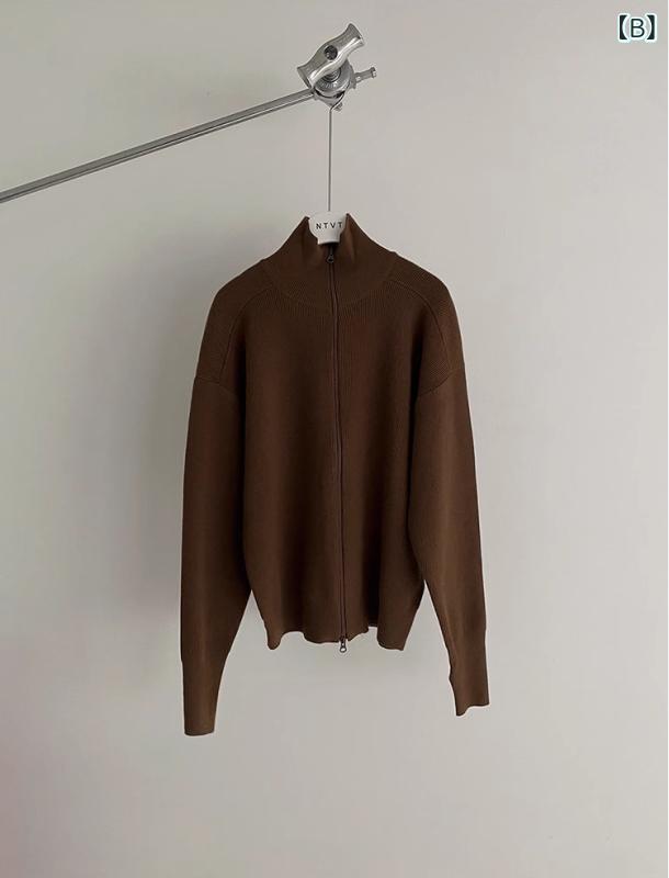 ニットカーディガン メンズ 秋冬 韓国 ゆったり ショート丈 長袖 スタンドカラー ダブルジップ 無地 ポリエステル リラックス カジュアル トップス 男性用 普段使い 羽織り