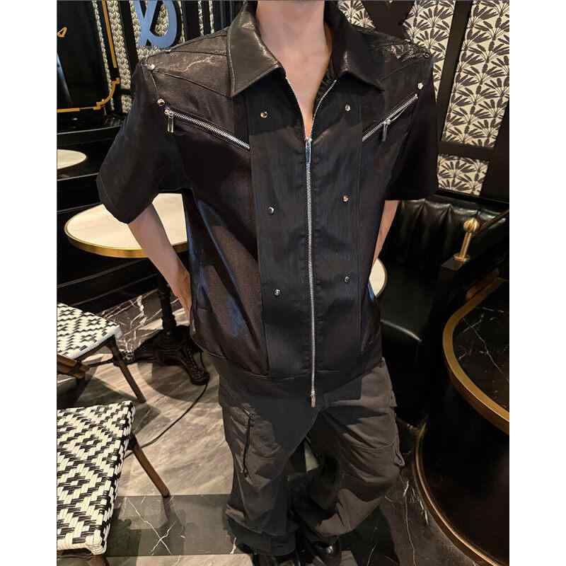 シャツ メンズ 夏 半袖 モード系 アバンギャルド 解体 液体金属調 メタリック ショルダーパッド ファス..