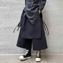 袴パンツ メンズ 男性用 和風 武士道風 剣道着風 アシンメトリー 変形 ワイドパンツ スカートパンツ 九分丈 クロップド ミドルウエスト ブラック ポリエステル ノンストレッチ カジュアル モード ストリート ゆったり ルーズ