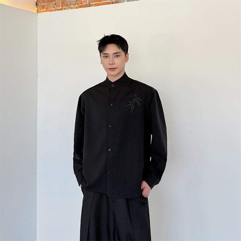 シャツ メンズ 男性用 モダンチャイナ風 スタンドカラー 刺しゅう 竹柄 長袖 ゆったり ポリエステル 化学繊維混紡 カジュアル 普段使い..