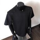 Tシャツ メンズ 半袖 アメカジ ストリート系 ヘビーウェイト 肩パッド入り メタルスタッズ クルーネック ルーズフィット オーバーサイズ 無地 綿混 ポリエステル 通気性 丈夫 普段使い 春夏 ペアルック トレンド ブラック ホワイト