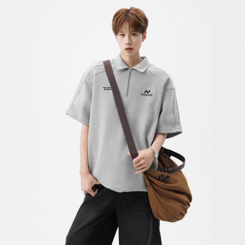 ポロシャツ メンズ 男性用 半袖 ハーフジップ Tシャツ カットソー トップス 夏 アメリカンカジュアル ストリート系 ゆったり オーバーサイズ ポリエステル 綿混素材 ブラック グレー ホワイト 無地 カジュアル デイリー 普段使い