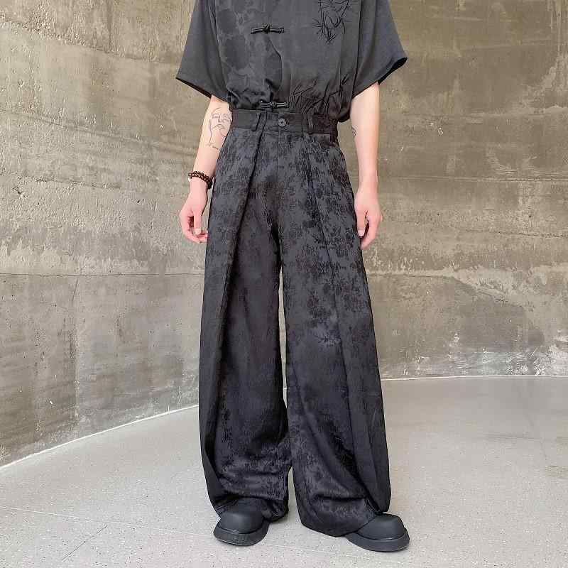 ワイドパンツ メンズ 中国風 ネオチャイナ プリーツ 光沢サテン ジャガード織り 袴のような ゆったり ..