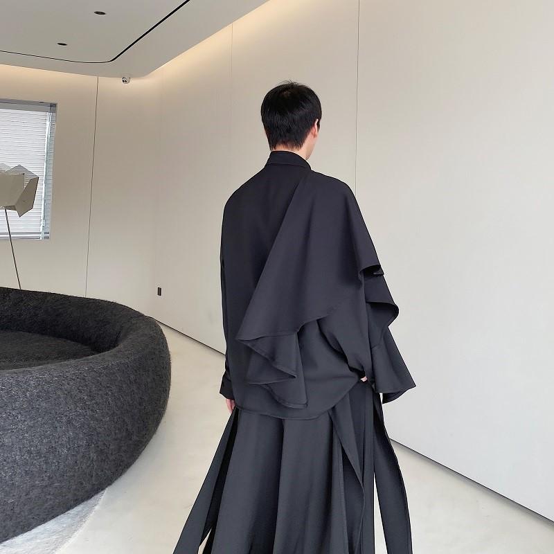 シャツ メンズ 男性用 禅テイスト 中国古風 チャイナ風 斜め襟 紐付き スタンドカラー アシンメトリー ショール チャイナドレス 漢服 ゆったり 長袖 カジュアル ポリエステル混紡 ブラック 春秋 切り替え