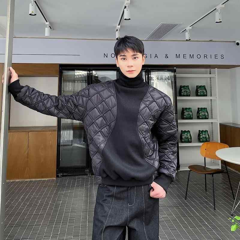 中綿ジャケット メンズ プルオーバー ハイネック モックネック キルティング ジルコニア柄 ステッチ 軽量 薄手 ストリート カジュアル トレンド ポリエステル中綿 ミドル丈 秋冬 ブラック