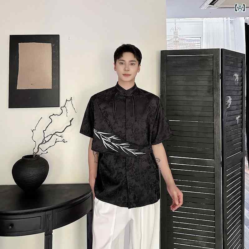 シャツ メンズ チャイナ風 中国風 アシンメトリー 刺繍柄 半袖 スタンドカラー チャイナボタン ルーズシルエット ポリエステル ジャガード織り 春夏 イベントスタイル ブラック アプリコット