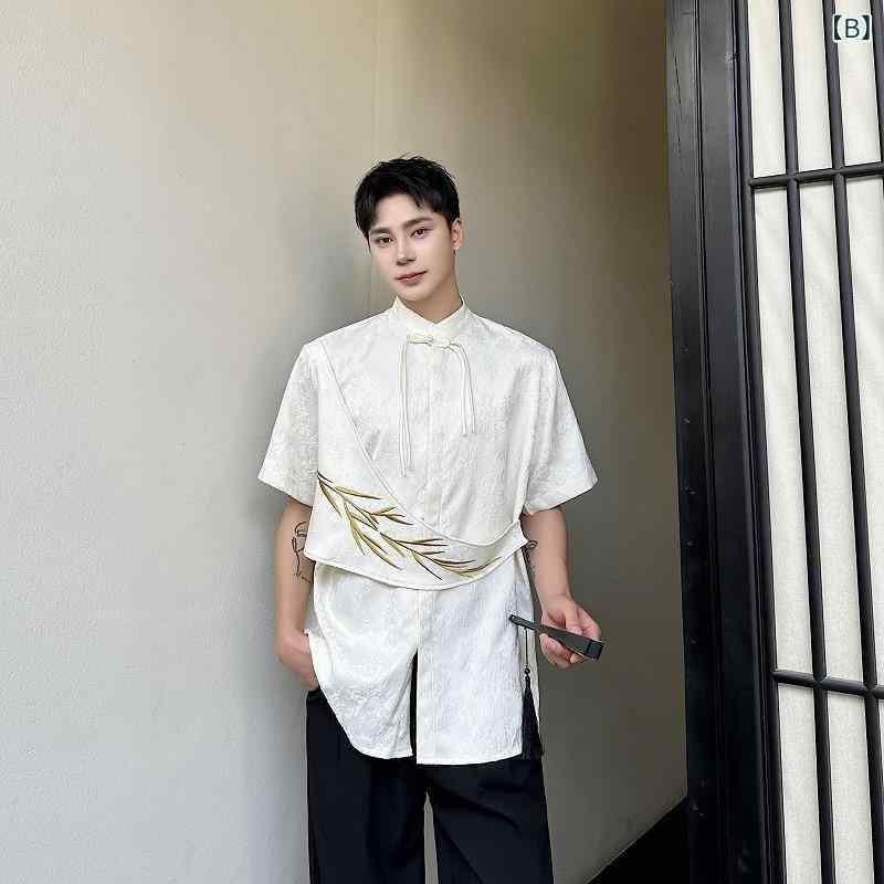 シャツ メンズ チャイナ風 中国風 アシンメトリー 刺繍柄 半袖 スタンドカラー チャイナボタン ルーズシルエット ポリエステル ジャガード織り 春夏 イベントスタイル ブラック アプリコット