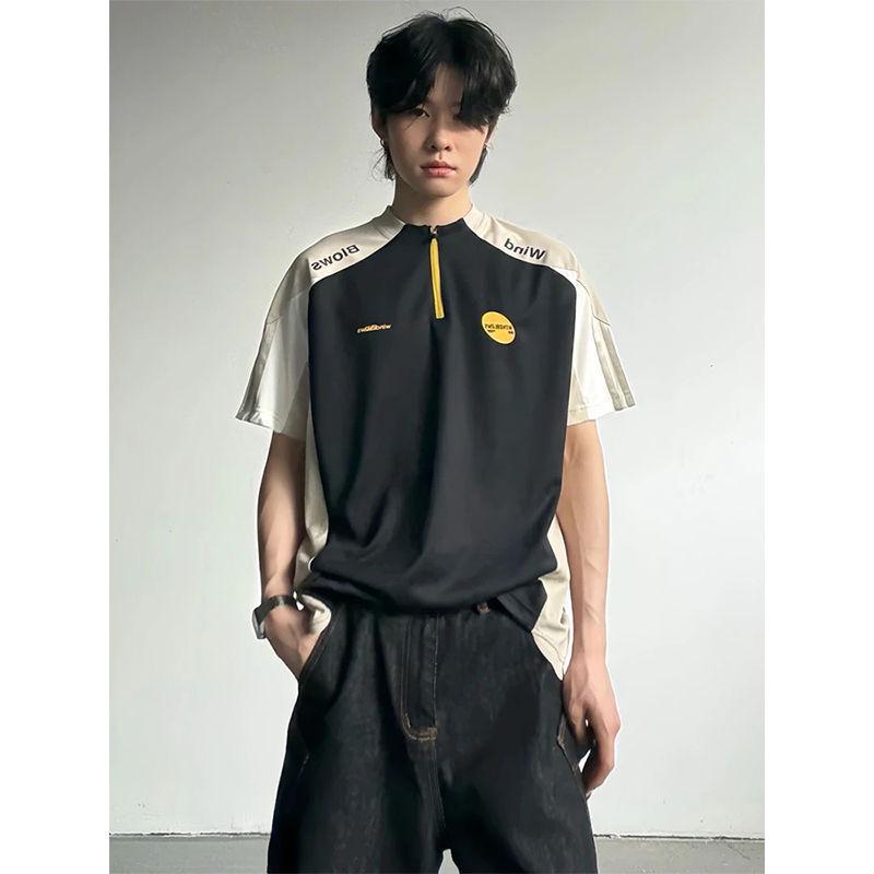 男装 - Tシャツ ユニセックス 春夏 接触冷感 速乾 ハーフジップ 配色切り替え 半袖 アメカジ スポーツ ジャージ サイクリング アウトドア ルーズフィット 普段使い カジュアル ポリエステル