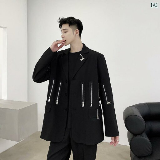 テーラードジャケット メンズ 多ジップ装飾 個性的 スタイリッシュ カジュアルアウター ステージ衣装 ストリート モード系 ブラック 無地 ポリエステル 長袖 ルーズフィット