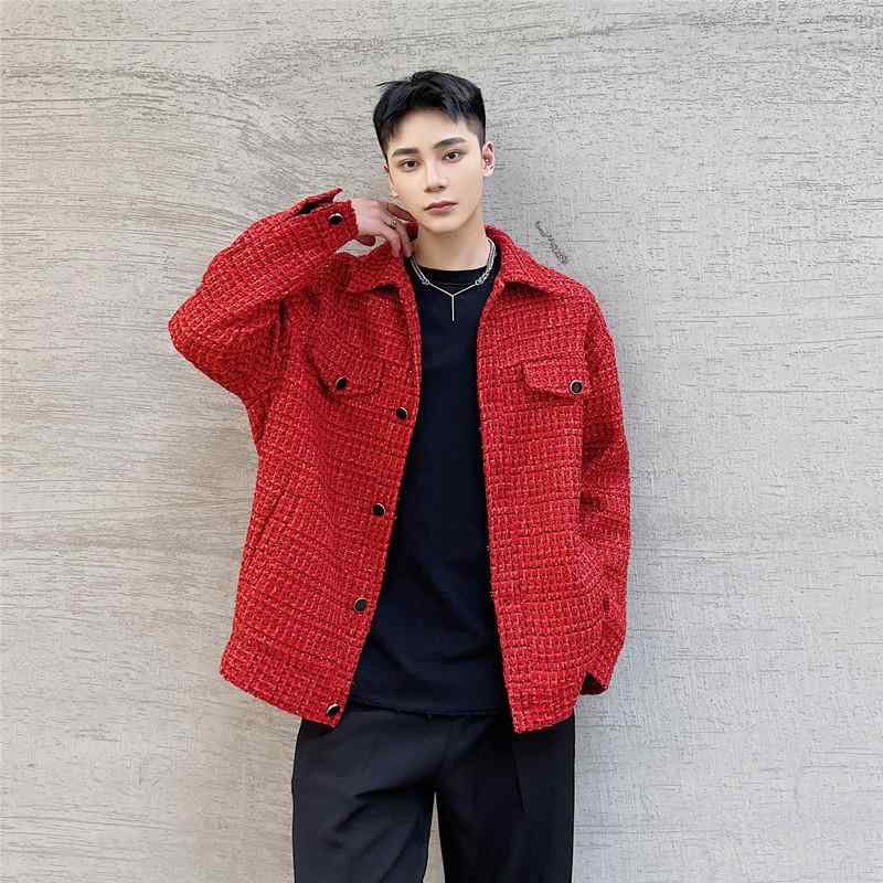 ジャケット メンズ レトロ ヴィンテージ風 ワークテイスト レッド 赤 織り柄 ツイード風 光沢糸 ポリエステル ルーズフィット ストリー..