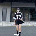 Tシャツ 男女兼用 欧米風 レトロ スポーツ ストリート カジュアル 半袖 ゲームシャツ ラグビー バスケットボール アイスホッケー ビッグシルエット ドロップショルダー クルーネック プリント アクリル ポリエステル 夏 黒 白