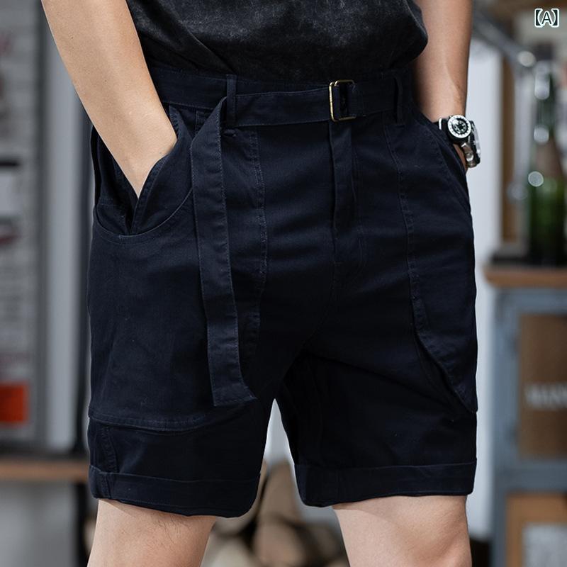 ハーフパンツ メンズ 男性用 カーゴパンツ ストリート レトロ 大きいサイズ ゆったり ストレート 五分丈 薄手 夏 カジュアル 韓国 ポリエステル ストレッチ 伸縮性