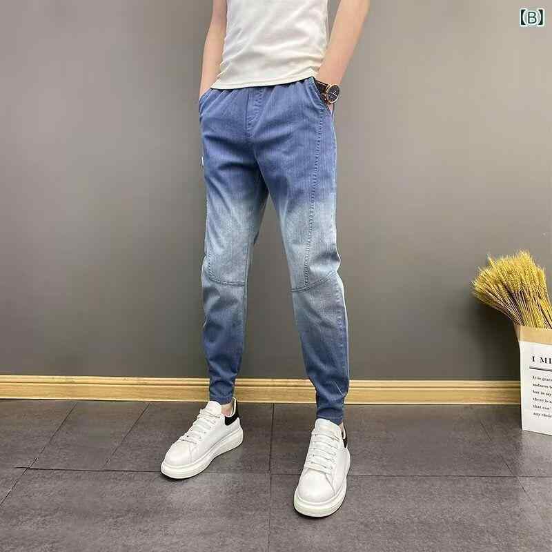 デニムパンツ メンズ 韓国 トレンド グラデーション スリム ジョガーパンツ テーパード 薄手 軽量 ゆったり ルーズ ウォッシュ加工 九分丈 アンクル丈 ストレッチ 春夏 大きいサイズ ビッグサイズ