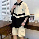 セットアップ メンズ ワッフル生地 半袖 ポロシャツ ハーフパンツ ゆったり ルーズフィット ストレート カジュアル 韓国ファッション おしゃれ 快適 普段着 部屋着 春夏 男性用 ポリエステル混紡