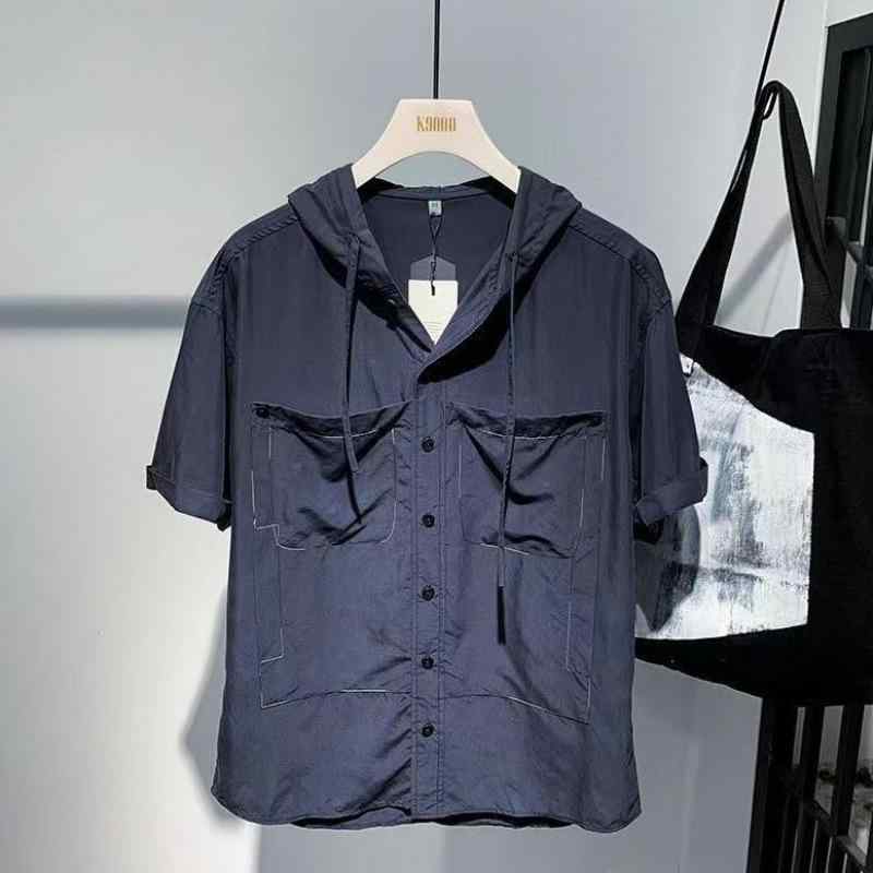 シャツ メンズ 春夏 トレンド カジュアルスタイル ゆったり ルーズ ビッグシルエット 半袖 フード付き 切り替え 薄手 ライトアウター 羽織り トップス 普段使い