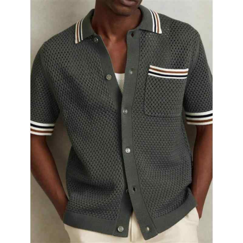 カーディガン メンズ 男性用 春夏 ニットカーディガン 半袖 シャツ襟 無地 シンプル 切り替え ストライプ トレンド おしゃれ 快適 カジュアル 大きいサイズ対応 ポリエステル カーキ