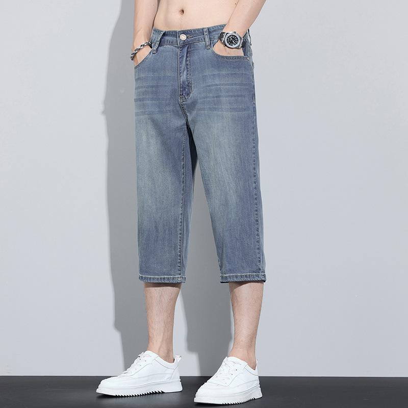 デニムパンツ メンズ 七分丈 クロップド ゆったり ストレート 薄手 極薄 接触冷感 テンセル ミドルウエスト ウォッシュ加工 大きいサイズ カジュアル 春夏 レトロブルー ブラック