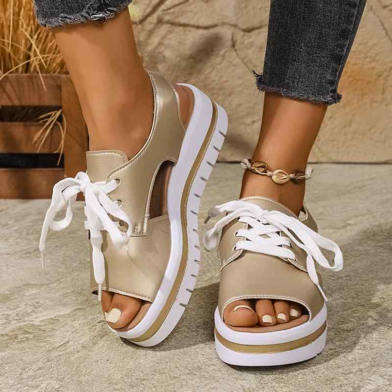 サンダル レディース 厚底 ビーチ オープントゥ レースアップ ストラップ ローマ風 欧米風 カジュアル 普段使い 無地 大きいサイズ 夏秋 フェイクレザー ラバー グレー シルバー ブラック ゴールド ブルー ヒョウ柄