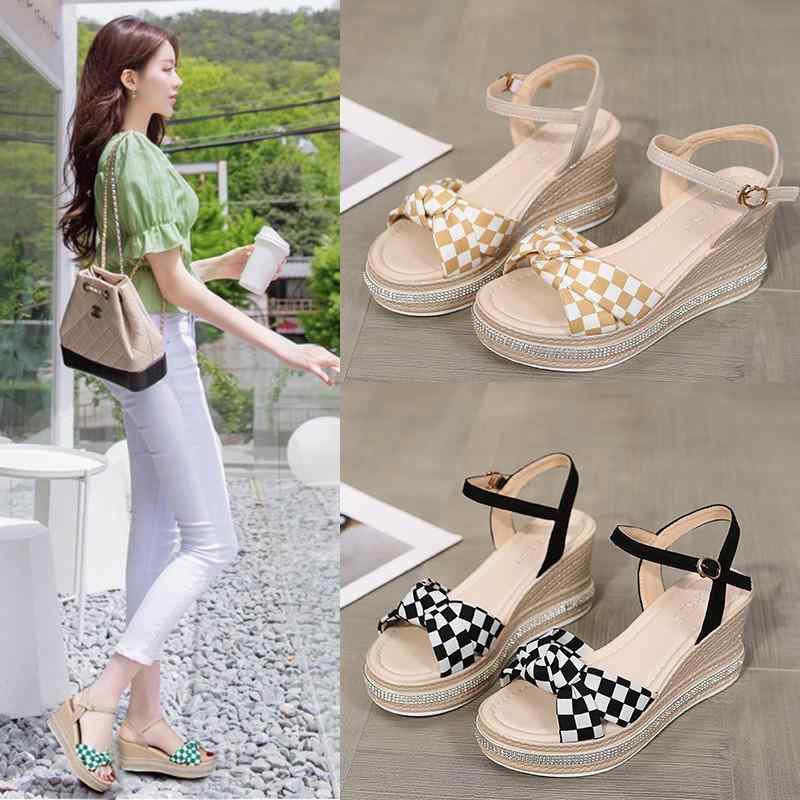 サンダル レディース チェック柄 ウェッジソール 厚底 オープントゥ ワンストラップ 外履き お出かけ カジュアル ビーチ リゾート アイボリー ブラック グリーン 春夏