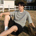 Tシャツ メンズ 半袖 ヘビーウェイト コットン混紡 バイカラー ストライプ柄 オーバーサイズ ゆったり クルーネック レトロ カジュアル 普段使い トップス アプリコットベージュ 夏 サマー