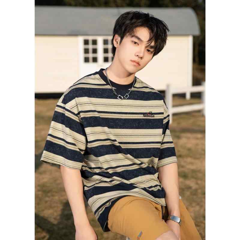 Tシャツ メンズ 半袖 レトロ タイダイ染め バイカラー ストライプ柄 英字刺繍 アメカジ ストリート系 ゆったり ルーズ クルーネック ポリエステル コットン...