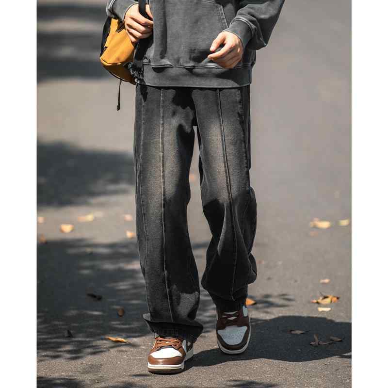 デニムパンツ メンズ レトロ 切り替え ウォッシュ加工 立体縫製 ワイド ルーズフィット ストレート ロング丈 春物 カジュアル