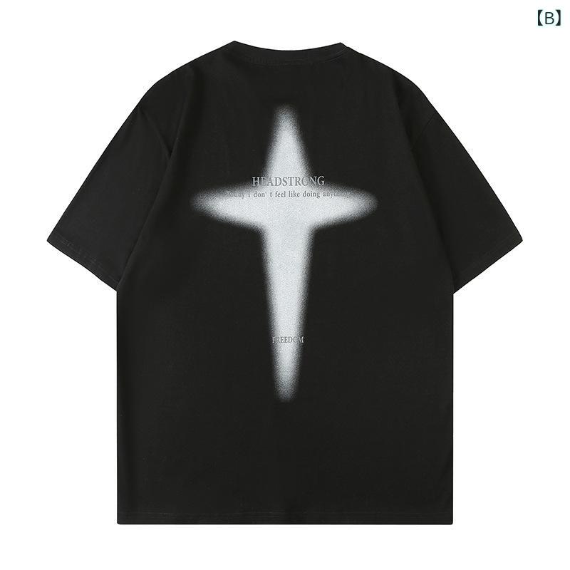 Tシャツ メンズ レディース ユニセックス ペア 半袖 コットン 綿 プリント ヒップホップ ストリート カジュアル 普段使い ゆったり オーバーサイズ ビッグシルエット クルーネック 春夏 ホワイト ブラック ライトブルー
