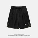 ハーフパンツ メンズ 切り替え 裾スリット 五分丈 ゆったり カジュアル スポーツ ナイロン素材 通気性 速乾性 ウエストゴム ドローストリング ロゴ刺繍 春夏 ブラック ライトグリーン