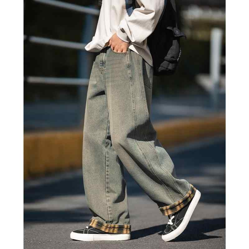 デニムパンツ メンズ 男性用 レトロ ウォッシュ加工 春夏 ゆったり ストレート 切り替え チェック柄 裾 ジーンズ コットンブレンド ミッドライズ ボタンフラ...