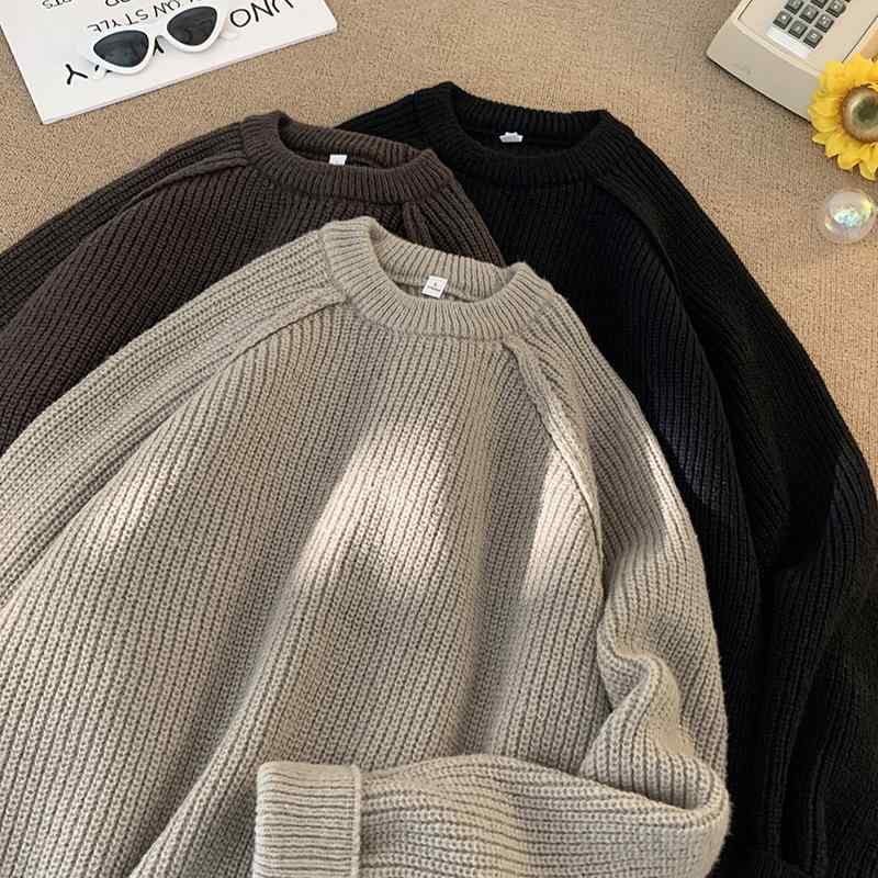 ニット メンズ 立体ショルダー 無地 ソリッドカラー ゆったり オーバーサイズ 長袖 プルオーバー セーター トップス 秋冬 カジュアル リラックススタイル ラウンドネック ポリエステル ブラック ブラウン グレー